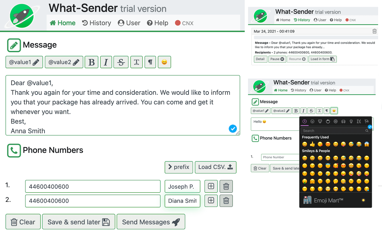 Envío masivo WhatSender Ejemplo2 SERVIMAR-PC